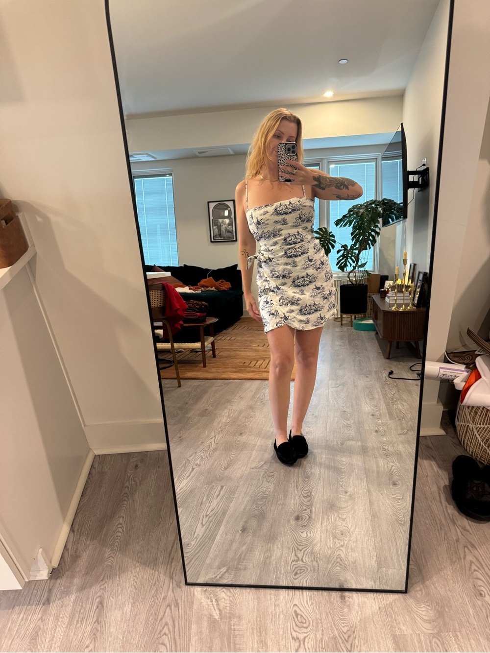 Reformation White and Blue Toile Strapless Mini Dress